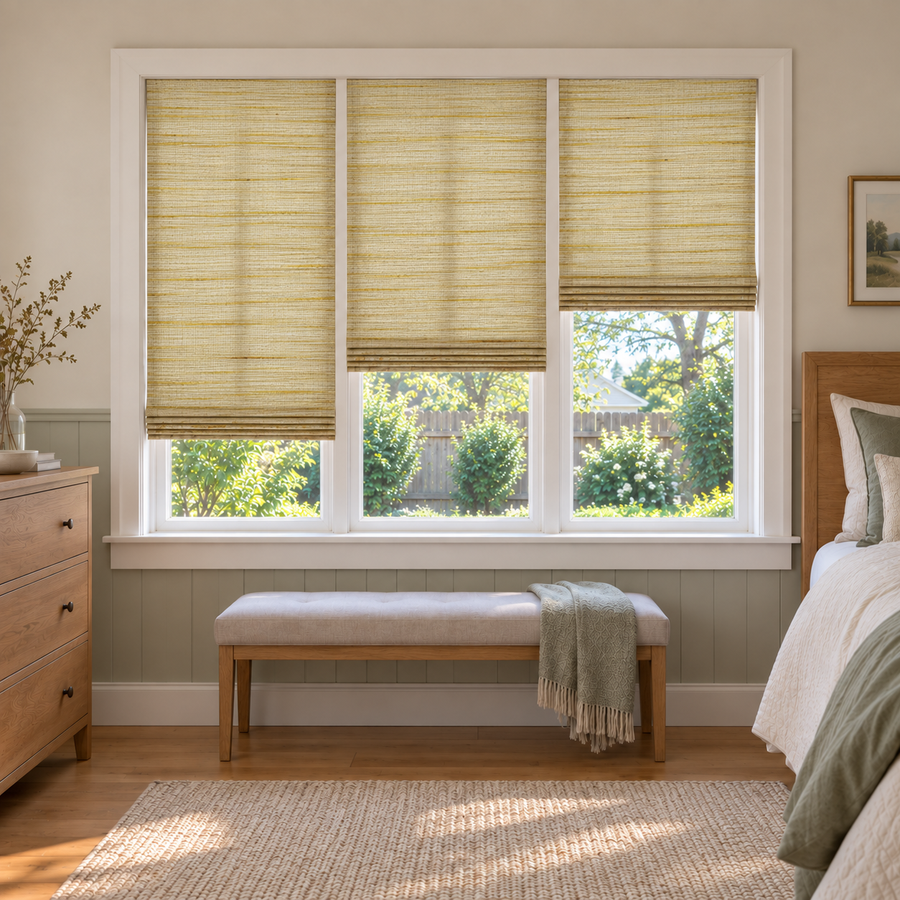 Custom Natural 3 Shades on 1 Headrail Bamboo Shades - Oatmeal Yellow NU-01 - 3 independently raised panels in a bedroom