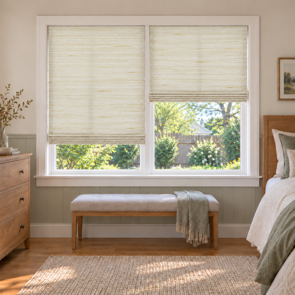 Custom Natural 2 Shades on 1 Headrail Bamboo Shades - Oatmeal Yellow NU-01 - 2 independently raised panels in a bedroom