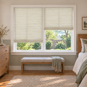 Custom Natural 2 Shades on 1 Headrail Bamboo Shades - Coconut White NU-02 - 2 independently raised panels in a bedroom