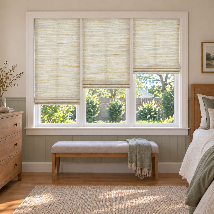 Custom Natural 3 Shades on 1 Headrail Bamboo Shades - Coconut White NU-02 - 3 independently raised panels in a bedroom