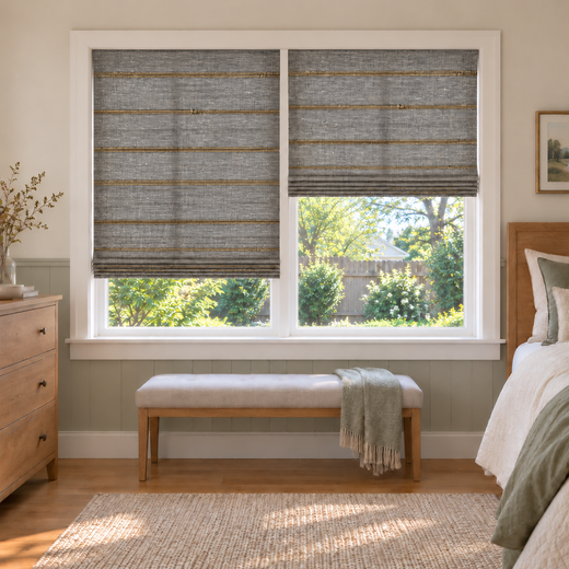 Custom Natural 2 Shades on 1 Headrail Bamboo Shades - Natural Black Gold NU-03 - 2 independently raised panels in a bedroom