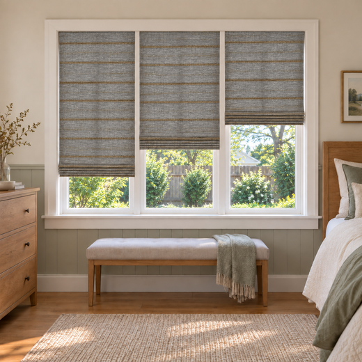 Custom Natural 3 Shades on 1 Headrail Bamboo Shades - Natural Black Gold NU-03 - 3 independently raised panels in a bedroom