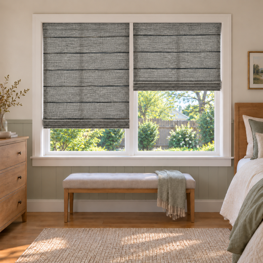 Custom Natural 2 Shades on 1 Headrail Bamboo Shades - Natural Black Gray NU-04 - 2 independently raised panels in a bedroom