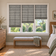 Custom Natural 3 Shades on 1 Headrail Bamboo Shades - Natural Black Gray NU-04 - 3 independently raised panels in a bedroom