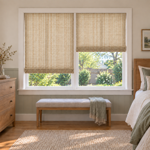 Custom Natural 2 Shades on 1 Headrail Bamboo Shades - Natural Caramel Stripes NU-05 - 2 independently raised panels in a bedroom