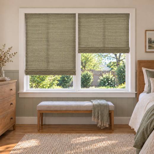 Custom Natural 2 Shades on 1 Headrail Bamboo Shades - Natural Enchanted Meadow NU-06 - 2 independently raised panels in a bedroom