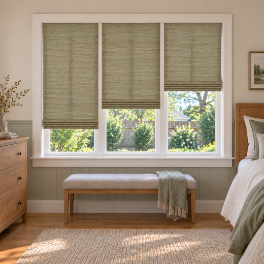 Custom Natural 3 Shades on 1 Headrail Bamboo Shades - Natural Enchanted Meadow NU-06 - 3 independently raised panels in a bedroom