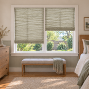 Custom Natural 2 Shades on 1 Headrail Bamboo Shades - Natural Prairie NU-07 - 2 independently raised panels in a bedroom