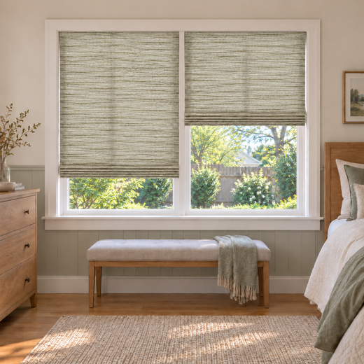 Custom Natural 2 Shades on 1 Headrail Bamboo Shades - Natural Prairie NU-07 - 2 independently raised panels in a bedroom