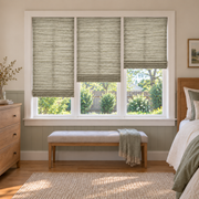 Custom Natural 3 Shades on 1 Headrail Bamboo Shades - Natural Prairie NU-07 - 3 independently raised panels in a bedroom