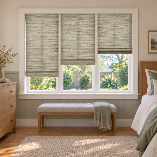 Custom Natural 3 Shades on 1 Headrail Bamboo Shades - Natural Prairie NU-07 - 3 independently raised panels in a bedroom