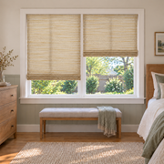 Custom Natural 2 Shades on 1 Headrail Bamboo Shades - Natural Ginkgo NU-08 - 2 independently raised panels in a bedroom