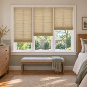 Custom Natural 3 Shades on 1 Headrail Bamboo Shades - Natural Ginkgo NU-08 - 3 independently raised panels in a bedroom