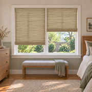 Custom Natural 2 Shades on 1 Headrail Bamboo Shades - Natural Grassland NU-09 - 2 independently raised panels in a bedroom