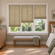 Custom Natural 3 Shades on 1 Headrail Bamboo Shades - Natural Grassland NU-09 - 3 independently raised panels in a bedroom