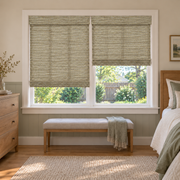 Custom Orelle 2 Shades on 1 Headrail Bamboo Shades - Olive Green - 2 independently raised panels in a bedroom