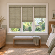 Custom Orelle 3 Shades on 1 Headrail Bamboo Shades - Olive Green - 3 independently raised panels in a bedroom
