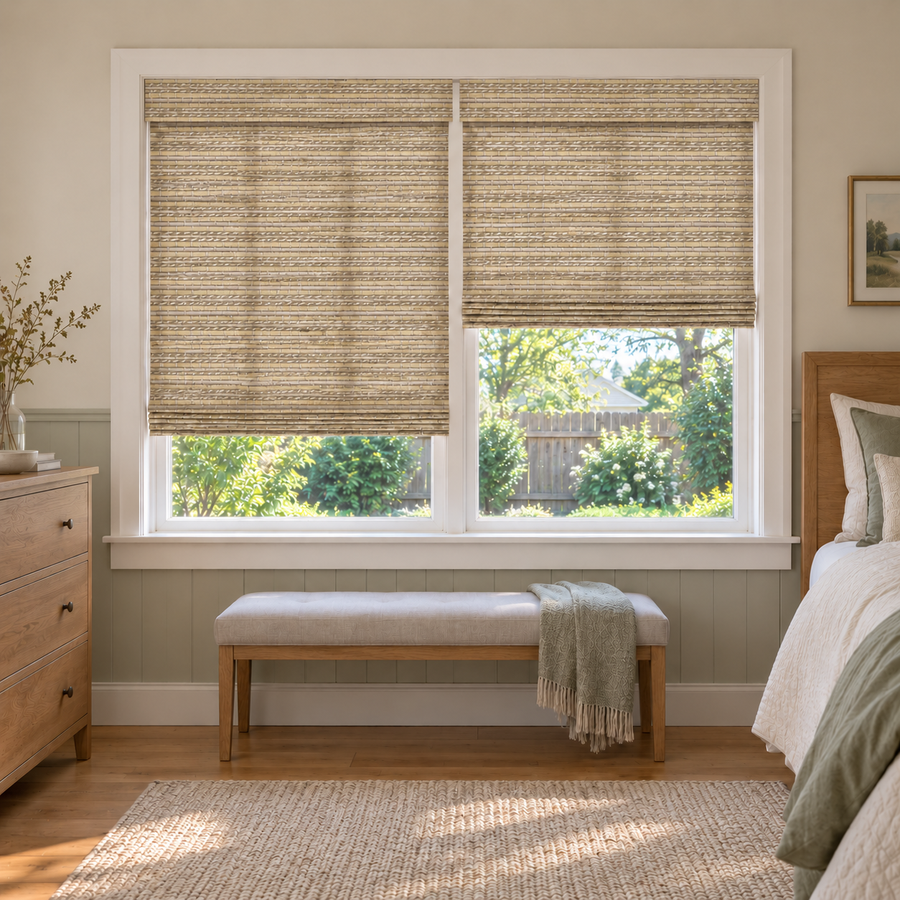 Custom Velune 2 Shades on 1 Headrail Bamboo Shades - W071 - 2 independently raised panels in a bedroom