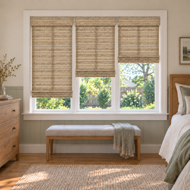 Custom Velune 3 Shades on 1 Headrail Bamboo Shades - W071 - 3 independently raised panels in a bedroom