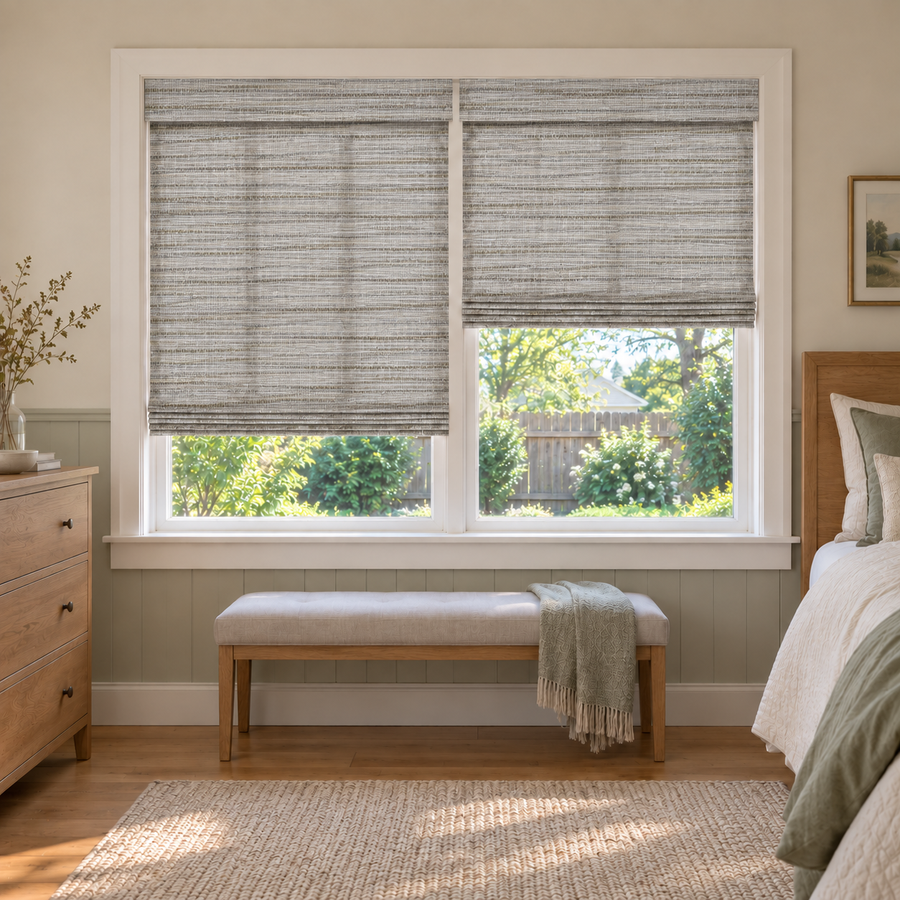 Custom Velune 2 Shades on 1 Headrail Bamboo Shades - W0710 - 2 independently raised panels in a bedroom