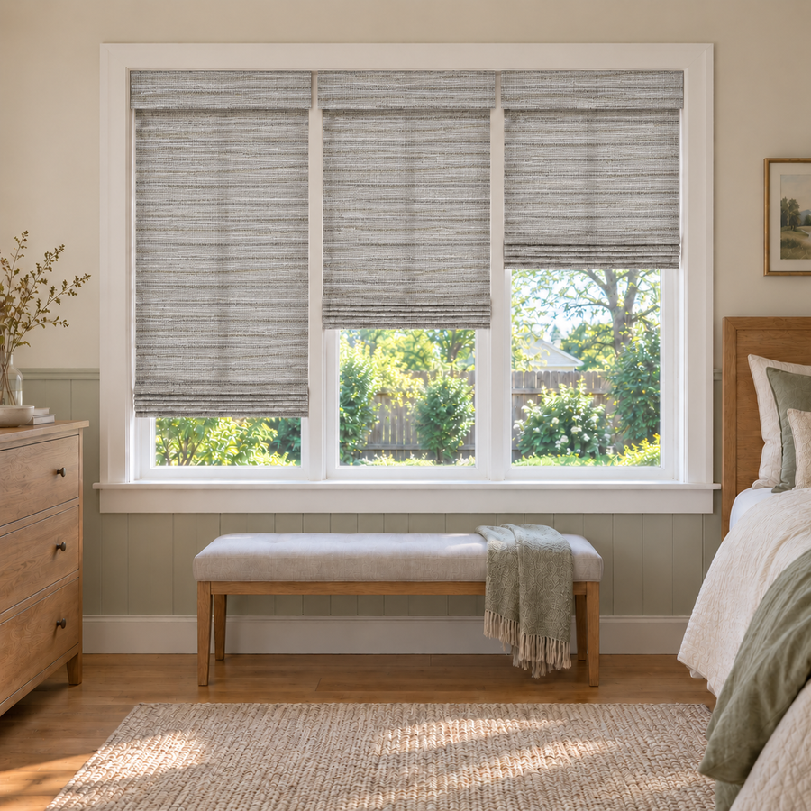 Custom Velune 3 Shades on 1 Headrail Bamboo Shades - W0710 - 3 independently raised panels in a bedroom