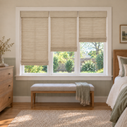 Custom Velune 3 Shades on 1 Headrail Bamboo Shades - Buff - 3 independently raised panels in a bedroom