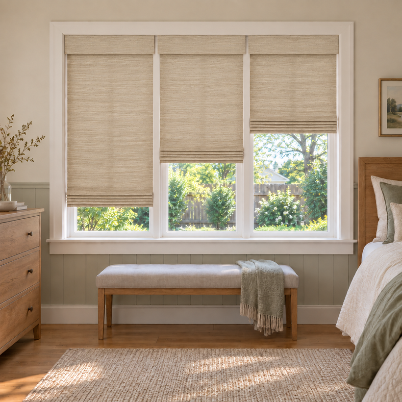 Custom Velune 3 Shades on 1 Headrail Bamboo Shades - Buff - 3 independently raised panels in a bedroom