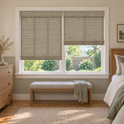 Custom Velune 2 Shades on 1 Headrail Bamboo Shades - W072 - 2 independently raised panels in a bedroom