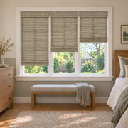 Custom Velune 3 Shades on 1 Headrail Bamboo Shades - W072 - 3 independently raised panels in a bedroom