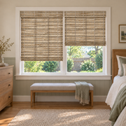 Custom Velune 2 Shades on 1 Headrail Bamboo Shades - W073 - 2 independently raised panels in a bedroom