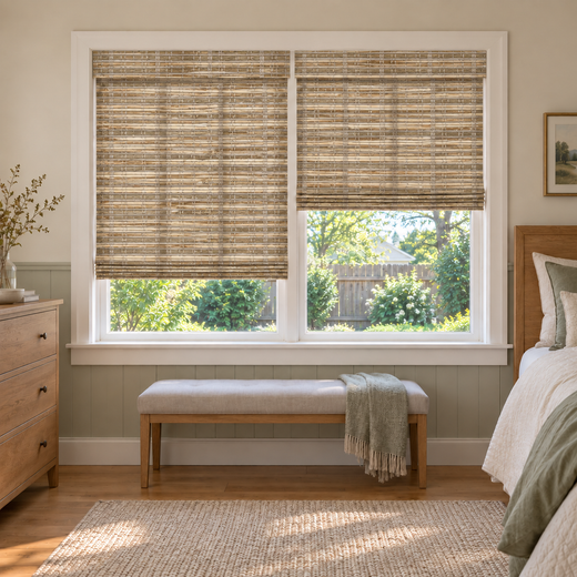 Custom Velune 2 Shades on 1 Headrail Bamboo Shades - W073 - 2 independently raised panels in a bedroom