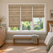 Custom Velune 3 Shades on 1 Headrail Bamboo Shades - W073 - 3 independently raised panels in a bedroom