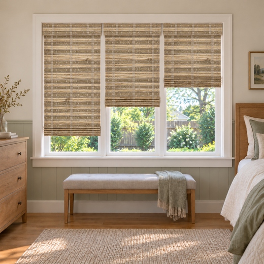 Custom Velune 3 Shades on 1 Headrail Bamboo Shades - W073 - 3 independently raised panels in a bedroom