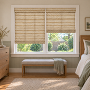 Custom Velune 2 Shades on 1 Headrail Bamboo Shades - W07-4 - 2 independently raised panels in a bedroom