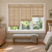 Custom Velune 3 Shades on 1 Headrail Bamboo Shades - W07-4 - 3 independently raised panels in a bedroom