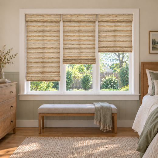 Custom Velune 3 Shades on 1 Headrail Bamboo Shades - W07-4 - 3 independently raised panels in a bedroom