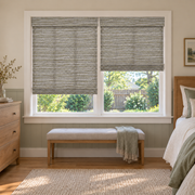 Custom Velune 2 Shades on 1 Headrail Bamboo Shades - W07-5 - 2 independently raised panels in a bedroom