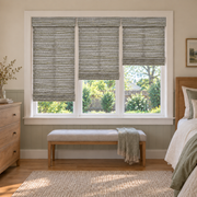 Custom Velune 3 Shades on 1 Headrail Bamboo Shades - W07-5 - 3 independently raised panels in a bedroom