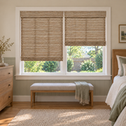Custom Velune 2 Shades on 1 Headrail Bamboo Shades - W076 - 2 independently raised panels in a bedroom
