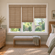 Custom Velune 3 Shades on 1 Headrail Bamboo Shades - W076 - 3 independently raised panels in a bedroom