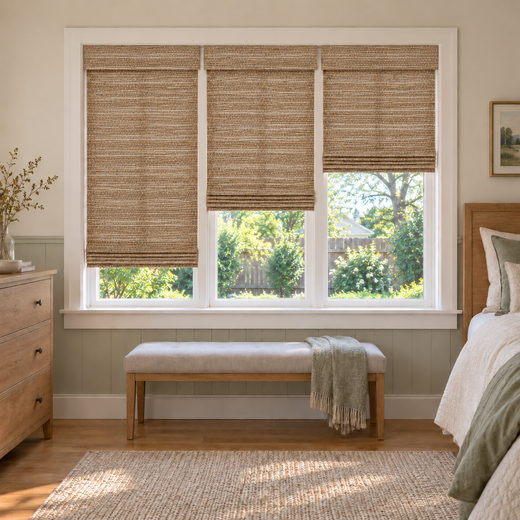 Custom Velune 3 Shades on 1 Headrail Bamboo Shades - W076 - 3 independently raised panels in a bedroom