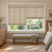 Custom Velune 2 Shades on 1 Headrail Bamboo Shades - W078 - 2 independently raised panels in a bedroom