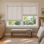 Custom Velune 2 Shades on 1 Headrail Bamboo Shades - W079 - 2 independently raised panels in a bedroom