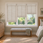 Custom Velune 3 Shades on 1 Headrail Bamboo Shades - W079 - 3 independently raised panels in a bedroom