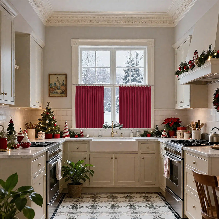 christmas cafe red curtains