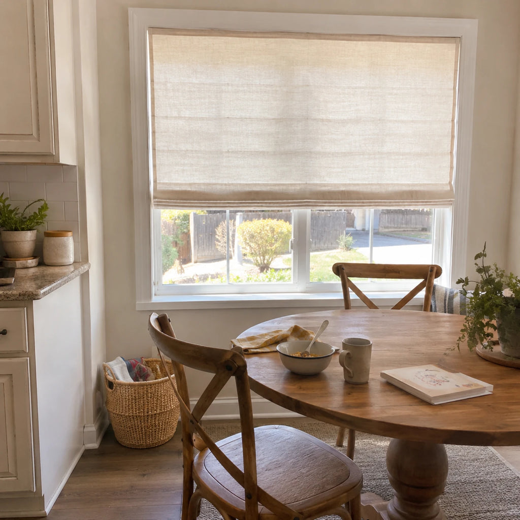 Custom Light Filtering Roman Shade in a real California family home by Fredesigner