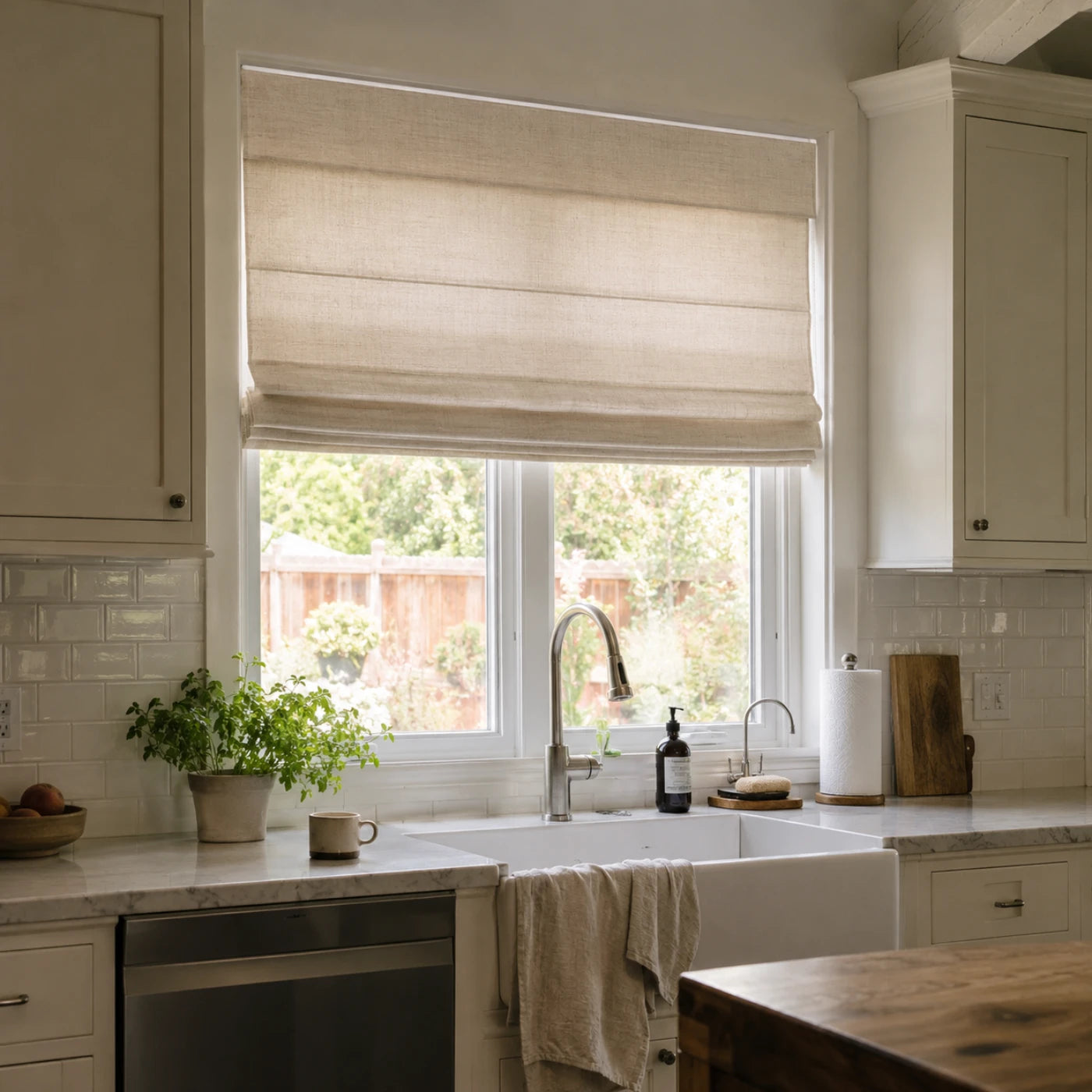 Custom Light Filtering Roman Shade in a real California family home by Fredesigner