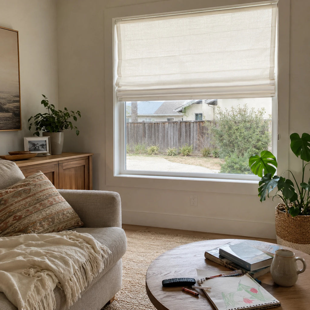 Custom Light Filtering Roman Shade in a real California family home by Fredesigner