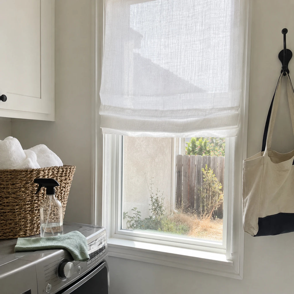 Custom Light Filtering Roman Shade in a real California family home by Fredesigner