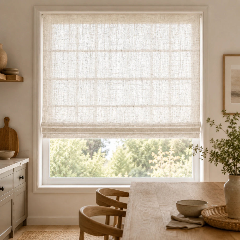 Custom Textured Sheer Roman Shade in a real California family home by Fredesigner